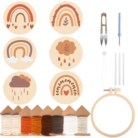 6 Pcs Punch Needle Coasters Kit, Rainbow Punch Needle Embroidery Kit for Beginners and Adults Car Coasters DIY Rug Drink Coasters with Adhesive Felt Yarns Hoop Tools DIY Needle Punch Craft