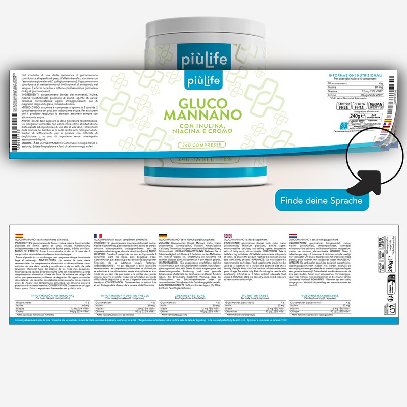 Glucomannan Konjac 95% Purity PiùLife, 480 Tablets, 4000 mg with