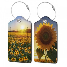Luggage Tags for Suitcase,Field Sunflowers Sunset Luggage Tags of Set 2 Leather Identifiers Privacy Cover with Stainless Steel Loop for Women Men Travel Bag Suitcase