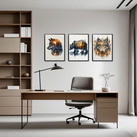 Forest Animal Wolf Bear Wall Art Canvas Prints Set Of 3, Rustic Farmhouse Wall Decor, Hunting Lodge Landscape Paintings, Wild Nordic Style Home Decoration for Living Room Bedroom 12x16in Wood Framed