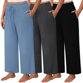 Neer 3 Pack Women's Plus Size Wide Leg Pants, Elastic Waist Lounge Pants with Pockets Drawstring Casual Pj Yoga Sweatpants(Blue, Dark Grey, Black,4X-Large)