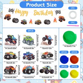Monster Truck Birthday Decoration Set - 2 x Banners + 9 x Spiral Hangers, Includes Happy Birthday Lettering - Party Decoration for Boys, Children's Birthday & Theme Party - Racing Car, Hot Wheels