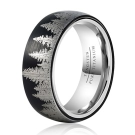 TGNEL 8mm Tungsten Ring Titanium Black Forest Tree Wedding Rings for Men, Fashion Mountain Landscape Engagement Band Rings Comfort Fit Size 13