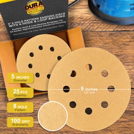 Dura-Gold Premium 100 Grit 5" Sandpaper Discs, 8 Hole Pattern Dustless, 50 Discs - Hook & Loop Backing for Orbital DA Sander, Detailing Finishing Color Sanding Automotive Paint Woodworking