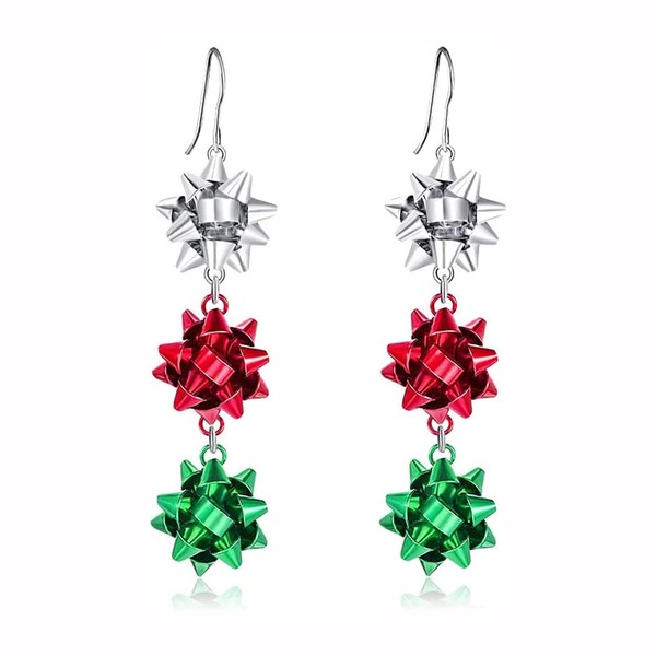 Christmas Bows Flower Dangle Hook Earrings Red Green White Colors