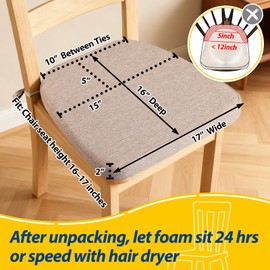 AAAAAcessories D-Shaped Chair Cushions, 2" Thick Dining Chair Pads with Ties and Removable, Machine-Washable Cover, 17" x 16", Set of 6, Oatmeal Beige