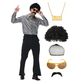 70s Outfits for Men, 7Pcs Disco Costume Include Retro Shirt Bell Bottom Pants Wig Sunglasses Necklace Wig Cap for Disco Party