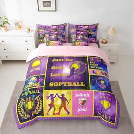 Erosebridal 7 Pcs Softball Bed in A Bag Full,Purple Patchwork Bedding with Bed Sheets for Kids Teens,Softball Sports Comforter Set for Girls Boys,Extreme Sports Ball Game Quilt with Pillowcases