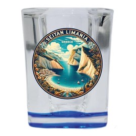 R and R Imports Seitan Limania Greece Souvenir Destination 2 Ounce Shot Glass Square Blue Base 2-Pack