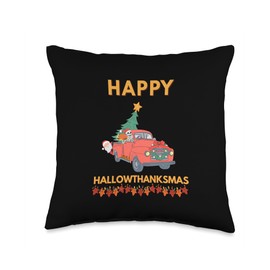 Skeleton Driving Santa Hallowthanksmas Funny Holiday Joke Throw Pillow