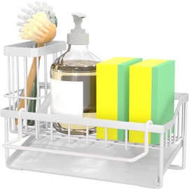 FunMacchi Sink Organiser - Kitchen Organiser with Sponge Holder, Dish Brush Holder & Tea Towel Holder with Automatic Drain System for Worktop or Wall Mounting (White)