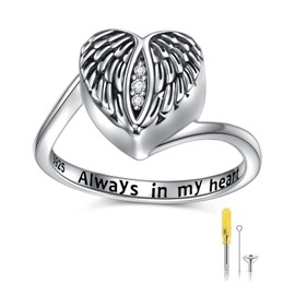 FLYOW 925 Sterling Silver Angel Wings Urn Heart Ring Hold Loved Ones Ashes Always in My Heart Keepsake Memorial Jewelry Cremation Rings for Women（7）
