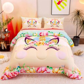 Namoxpa Unicorn Comforter Set,Floral Pink 3D Pattern for Kids Teens Adults,Decorative Bedding Comforter Sets with 2 Pillow Shams, Twin Size