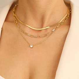 Dcfywl731 Gold Layered Necklace Set Paperclip Necklace for Women Trendy Layering Pendant Necklace Herringbone Choker Necklace Dainty Flat Snake Chain Layering Choker Necklace Jewelry Gifts-Gold