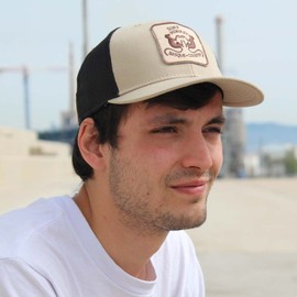 SURF MONKEY Recycled Trucker Cap - Curved Visor - Adjustable Snapback Cap - Embroidery Patch 6 Panels Design - Surfing The Basque Country, beige