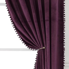 YURIHOME Pom Pom Velvet Curtains 120 Inches for Bedroom, Purple Velvet Curtains- Thermal Insulated Room Darkening Sun Blocking Rod Pocket Window Drapes for Living Room, 2 Panels, 52 x 120 Inches