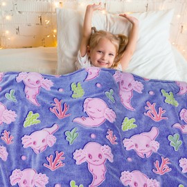 KIVEE Glow in The Dark Blanket Axolotl Gifts Toys for Girls Cute Axolotl Blanket for Birthday Gifts