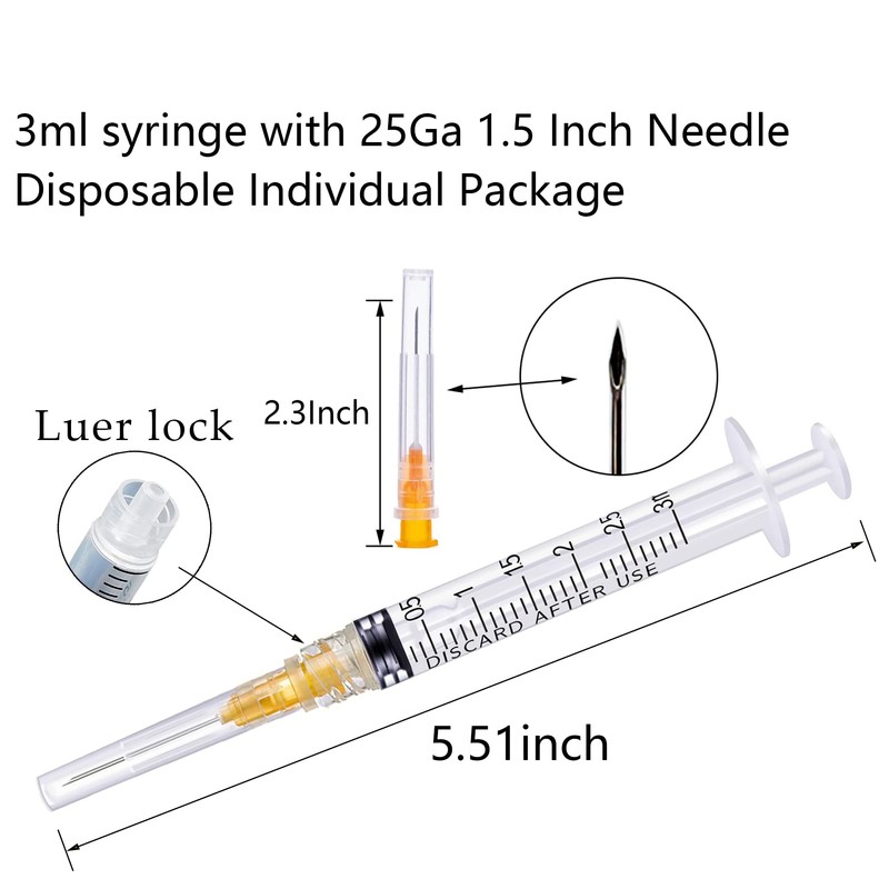 Hyinghw 50Pack 3ml/cc Luer Lock with 25Ga 1.5” Individual Wrapped