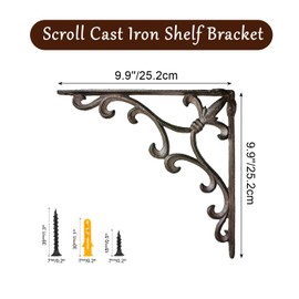Z metnal Cast Iron Victorian Scroll Shelf Brackets, 10 Inch Decor Shelves Bracket, Wrought Iron Corner Brackets,Wall Decorative, Modern Shelving Bracket for DIY Floating Shelves, 2 Pcs