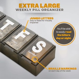 Weekly Pill Organizer - (Pack of 2) Extra Large Vitamin Container with Jumbo Easy to Read Letters, BPA Free - Daily Travel 7 Day Medication Pill Box Case, (Black)