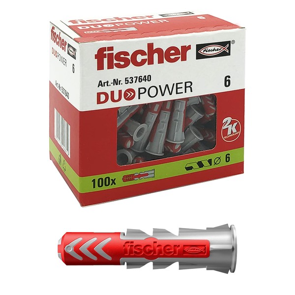 Fischer Duopower 537640 Dowels 6 x 30 mm for Full Wall Perforated Brick Plasterboard Pack of 100