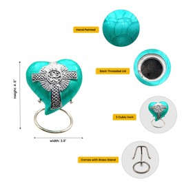 JESUS Cross Heart Keepsake Urn - Mini Ash Handcrafted Cremation Small Urn for Ashes- Perfect for Adults & Infants - Tribute to Your Loved One - with Free Velvet Box & Display Stand (Sea Green)