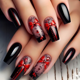 CJDLTS Red Bow Press on Nails Long Length Ballet Shaped Black French Acrylic Press Ons Fake Nail Full Cover Glossy Gradient Artificial Fingernails DIY Reusable Press Ons Glue on Nails for Women 24Pcs