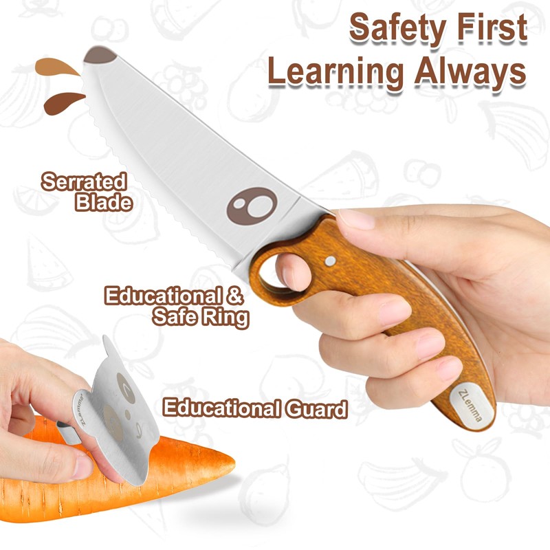 Kids Knife Set for Real Cooking with Educational Ring &