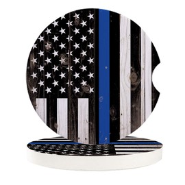 Vibiliyou Set of 2 Car Coasters for Drinks with Thin Blue Line Police and USA Flag Honor Law Enforcement Durable Absorbent Ceramic Car Accessories Easy Removal for