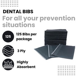 125 Black Disposable Dental Bibs 13"x18" | 3 Ply Waterproof Dental/Tattoo/Nail Bib for Patients | Dental Tray Covers, Salon Cover | Disposable Patient Bibs, Dental Bibs Disposable (125, Black)