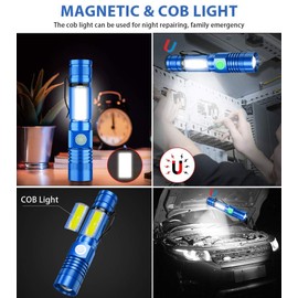 Vnina Rechargeable Tactical Flashlight, USB Magnetic Flashlights with COB Flash Light - 4 Models, Zoomable, Waterproof, LED Tactical Flashlight High Lumen Bright for Indoor Outdoor Camping 2 Pack Blue