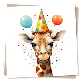 Cute Giraffe Happy Birthday Card - Giraffe and Party Hat Illustration - Blank Greetings Card - Made in UK