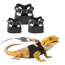 3 Pack Bearded Dragon Harness and Leash Set, Bearded Dragon Leash, Soft Leather Harness with 6.56FT/2M Retractable Leash, Small Animal Easy Walk Harness for Ferret, Rabbit, Hamster, Lizard (Black)