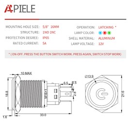 APIELE 16mm Latching Push Button Switch 0.63" 12V Power Symbol Ring Led Car Metal with Socket Plug 1NO1NC SPDT ON/Off (Blue/Black Shell)