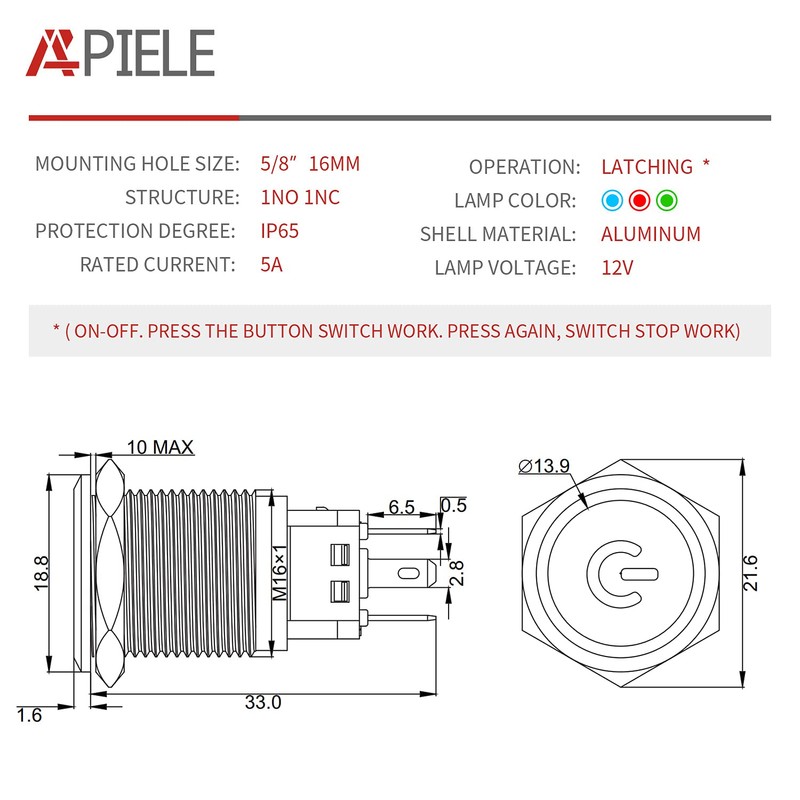 APIELE 16mm Latching Push Button Switch 0.63" 12V Power Symbol