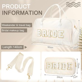 Bulyoou 2 Pcs Duffle Bag for Travel Bride Groom Duffle Bag with Shoes Compartment Chenille Letter Bag for Honeymoon Wedding(White, Bride)