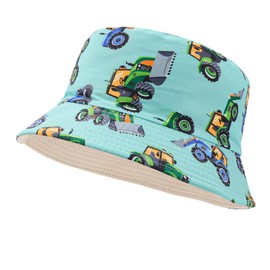 QKURT Kids Sun Hat, Summer Bucket Hat Reversible Beach Cap Sun Protection Fisherman Hats with Excavator Design for Outdoor Play for Boys 3-8 Years Old