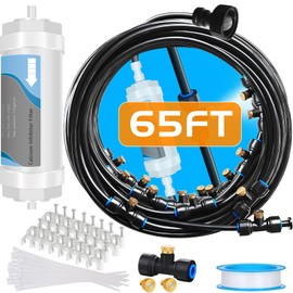 Misting System with Water Filter - Upgraded Signice 65 Ft (20M) Line & 15 Brass Mist Nozzles Outdoor Misters for Patio Cooling Mister Systems Kit for Outside Garden Backyard Greenhouse (Black)