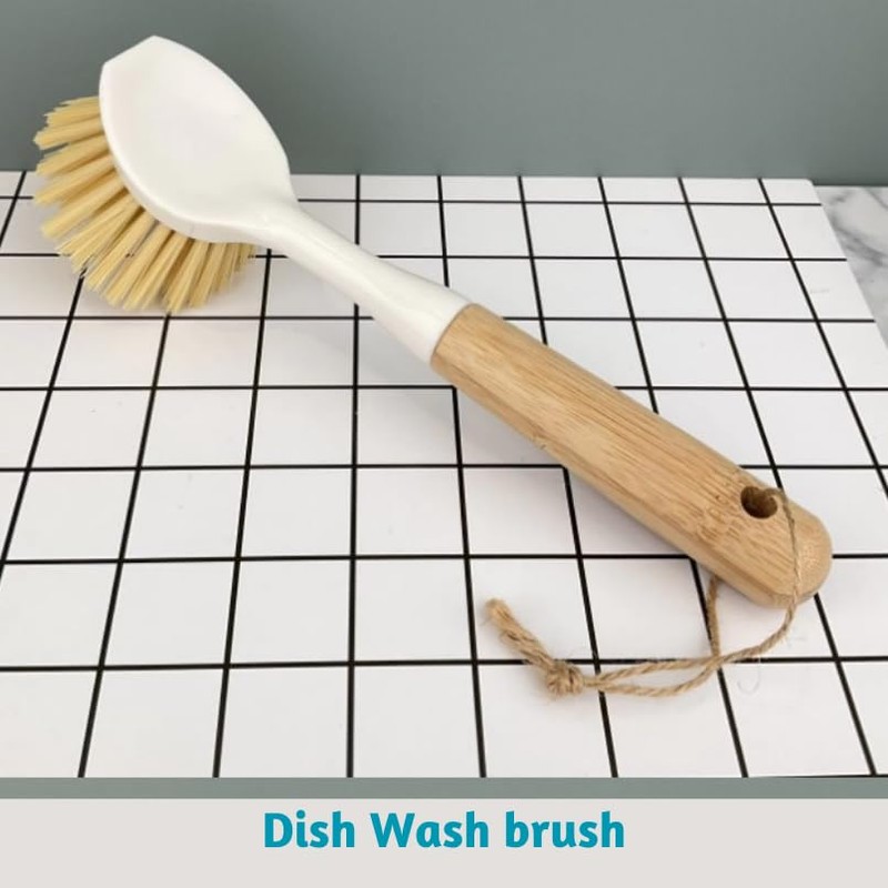 Afnax Dish Cleaning Brush with Handle Built in Scraper, Bamboo