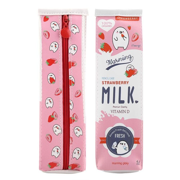 GLOGLOW Cartoon Milk Stationery Bag, PU Creative Milk Box Pen