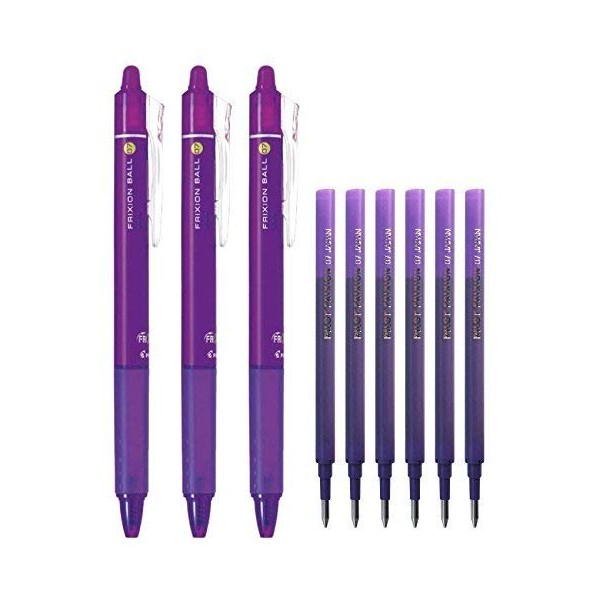Pilot FriXion Ball Knock Retractable Erasable Gel Ink Pens, Extra Fine Point 0.7mm, Violet Ink, 3 Pens & 6 Refills Value Set