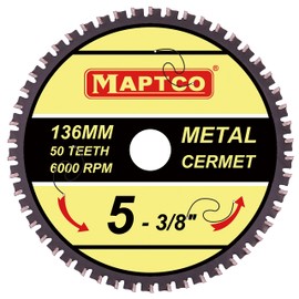 MAPTCO, 5-3/8"(136mm) 50T Cermet Tipped Metal Cutting Circular Saw Blade, Arbor 20mm with 5/6"-10mm Washer, for Cordless Circular Saw.