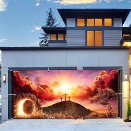 XMJJKUF Easter Garage Door Banner 16x7ft Holy Light Sunrise Sunset Christ Cross Garage Door Decoration Christian Garage Buddy Door Covers Birth of Jesus Large Backdrops Outside Church Event Props