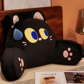 Bed Rest Reading Pillow - Kawaii Soft Lumbar Pillows Rest Cushion with Washable Cover, Bedrest Pillow with Arms for Sitting in Bed, Relaxing, Watching TV, Gaming, Cars - Black Cat,Small