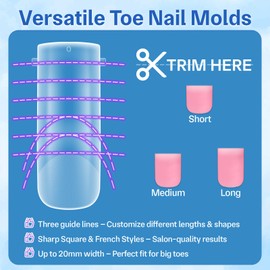 AMilHiTon Clear Polygel Dual Nail Forms for Toes, Long Square Dual Forms, Pre-designed French Line, Reusable Press on Toenails for Women Art Supplies Home DIY Nail Salon 120PCS 12Sizes