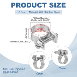 PATIKIL 10 Pcs 13-15mm Mini Fuel Injection Hose Clamps Stainless Steel Adjustable Clamp