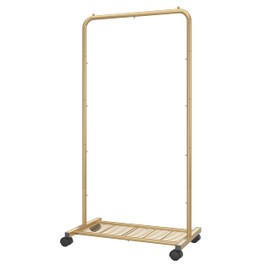Simple Trending Standard Clothes Garment Rack, Clothing Rolling Rack with Mesh Storage Shelf on Wheels, Golden Yellow