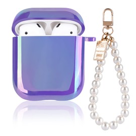 Glitter Laser Case for AirPods 2/1 with Pearl Wrist Bracelet Keychain,Cute Colorful Bling Rainbow Design Women Girls Soft TPU Shockproof Protective Cover for Airpods 2nd Generation-Purple
