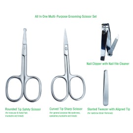 4Pcs Beauty Grooming Eyebrow Scissor Men Women Facial Nose Hair Scissor Curved Round Blunt Mustache Bread Manicure Pedicure Trimmer Set Stainless Steel Slant Tweezers Nail Clipper Pet Dog Scissor Kit