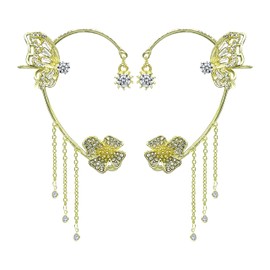 Butterfly Tassel Style Zircon Earrings, Butterfly Flowers Tassel Long Earring, Shiny Zircon No Piercing Butterfly Ear Cuffs Jewelry Gifts for Women (A Pair - Gold)